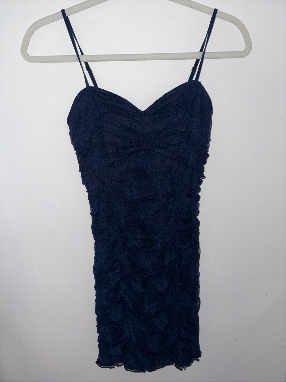 Lulu's Navy Textured Ruched Mini Dress with Spaghetti Straps - Picture 1 of 4